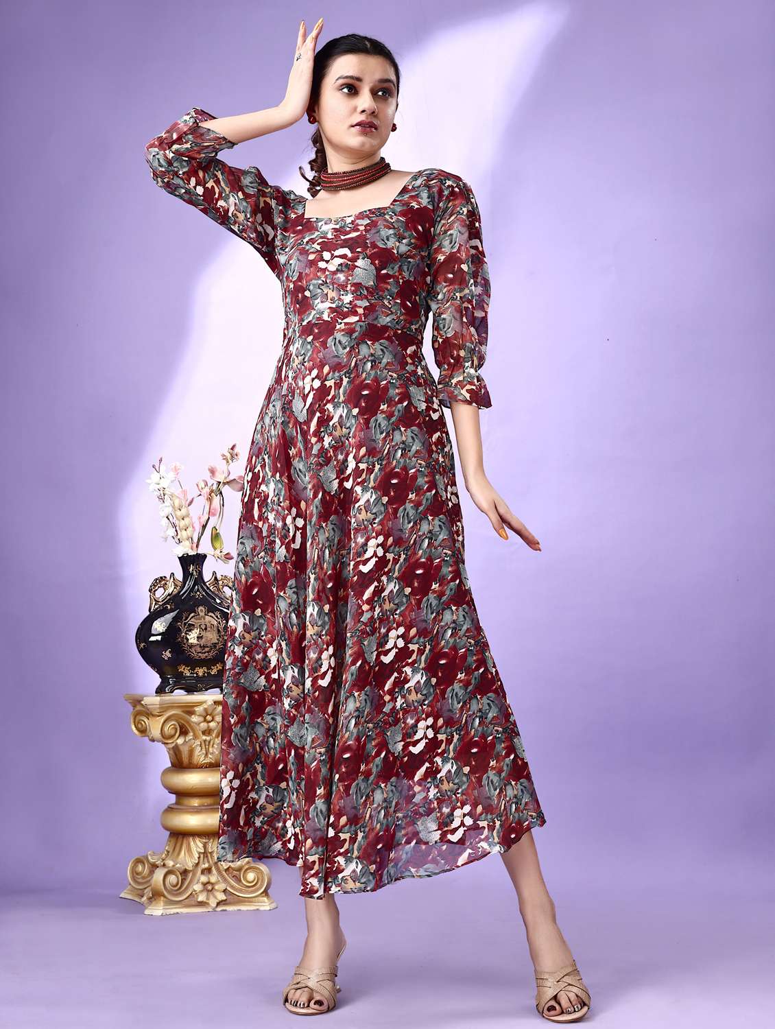 women printed puff sleeve fit & flare maxi dress - 21972246 -  Standard Image - 1