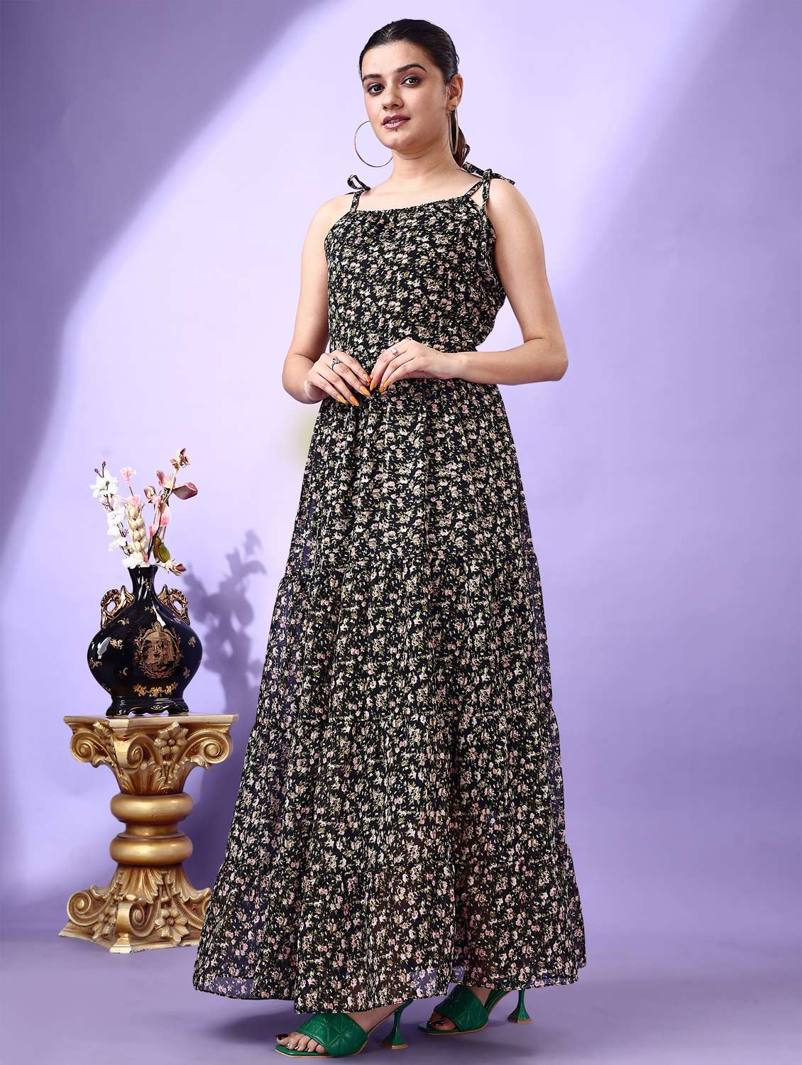 women floral print shoulder strap tiered dress - 21972247 - Standard Image - 1