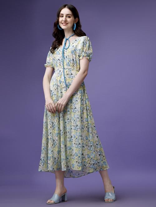women floral print puff sleeve fit & flare dress - 21972248 - Standard Image - 0