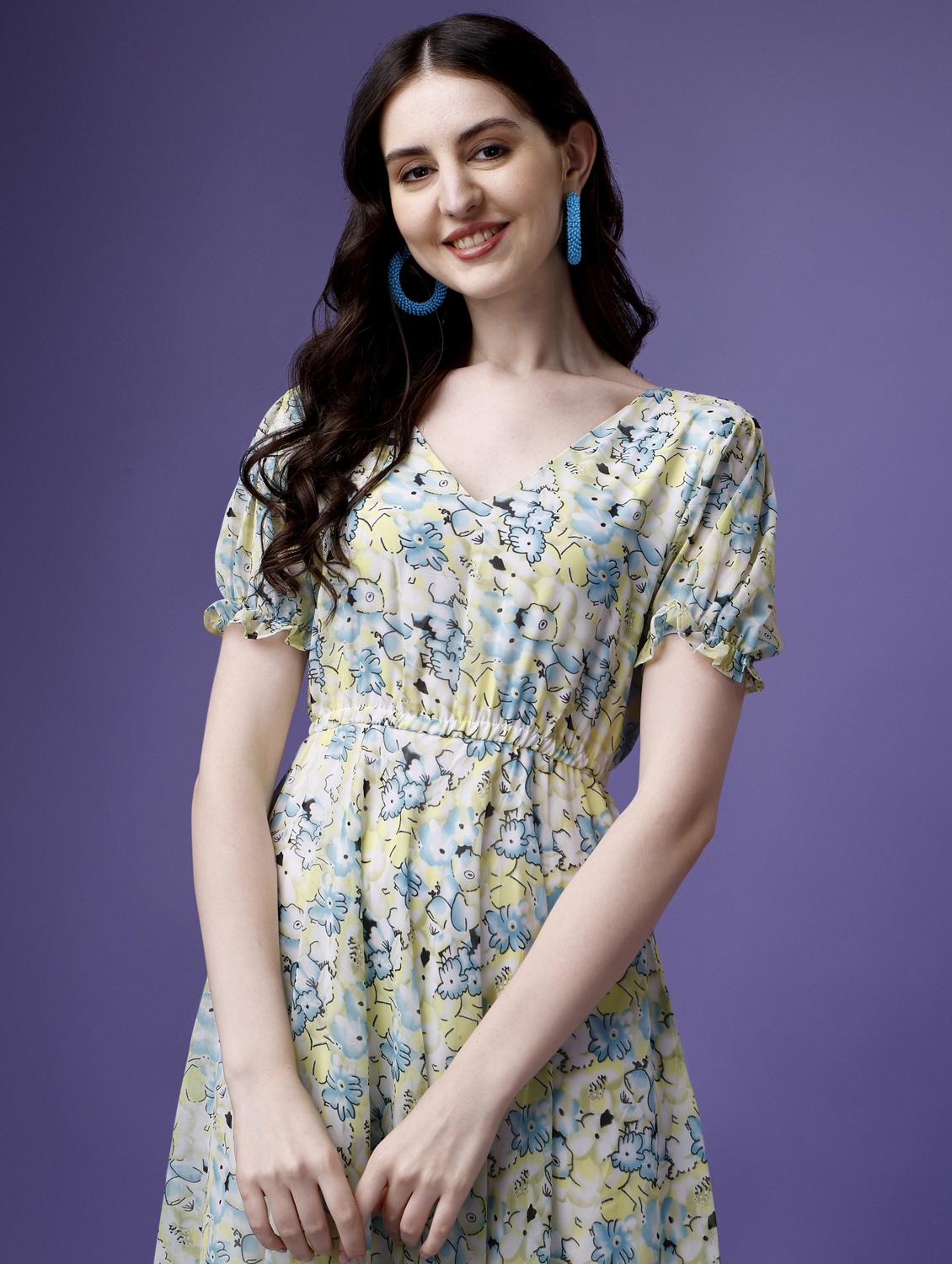 women floral print puff sleeve fit & flare dress - 21972248 - Standard Image - 4