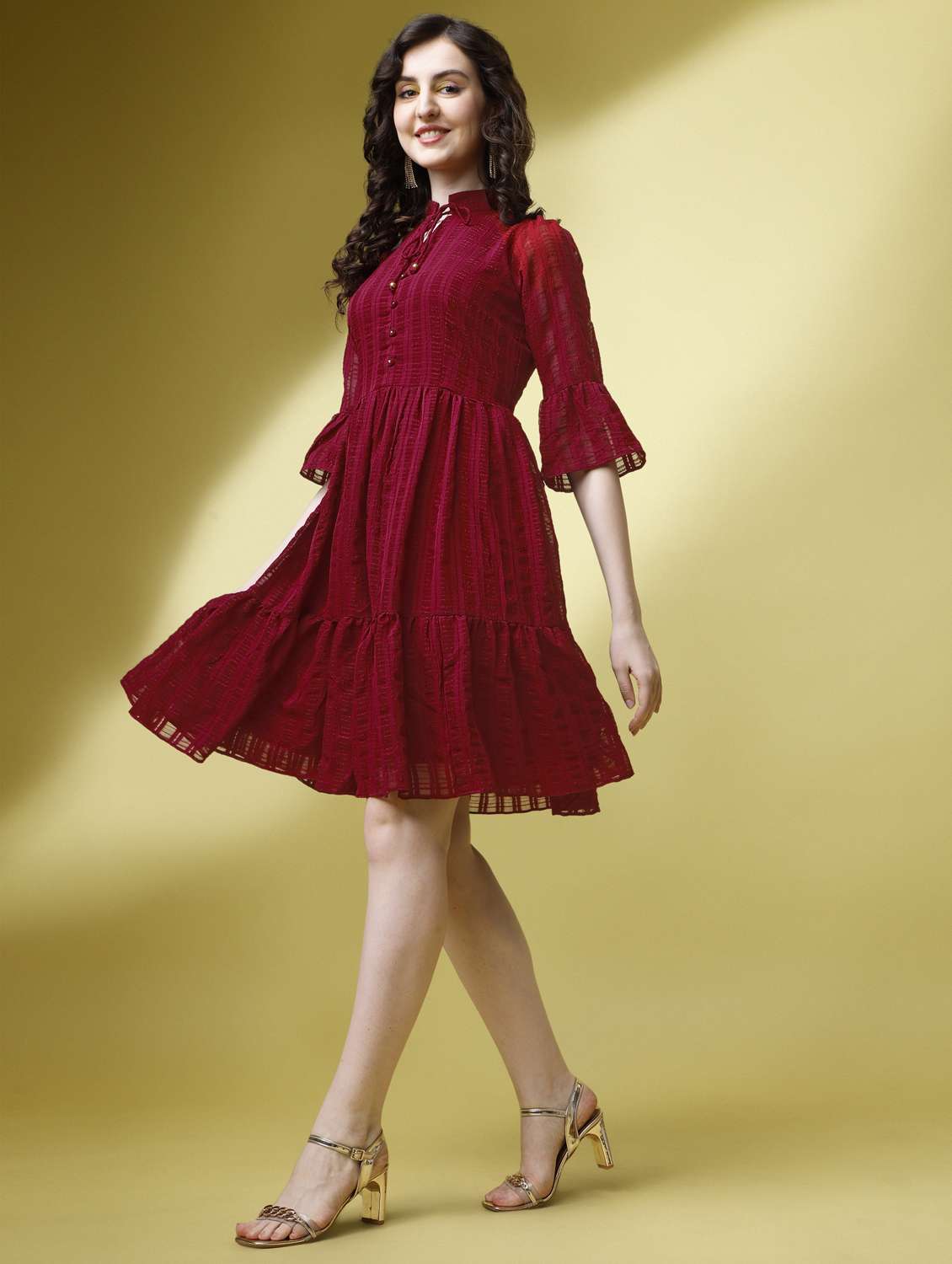 women maroon solid bell sleeve tiered dress - 21972249 -  Standard Image - 1