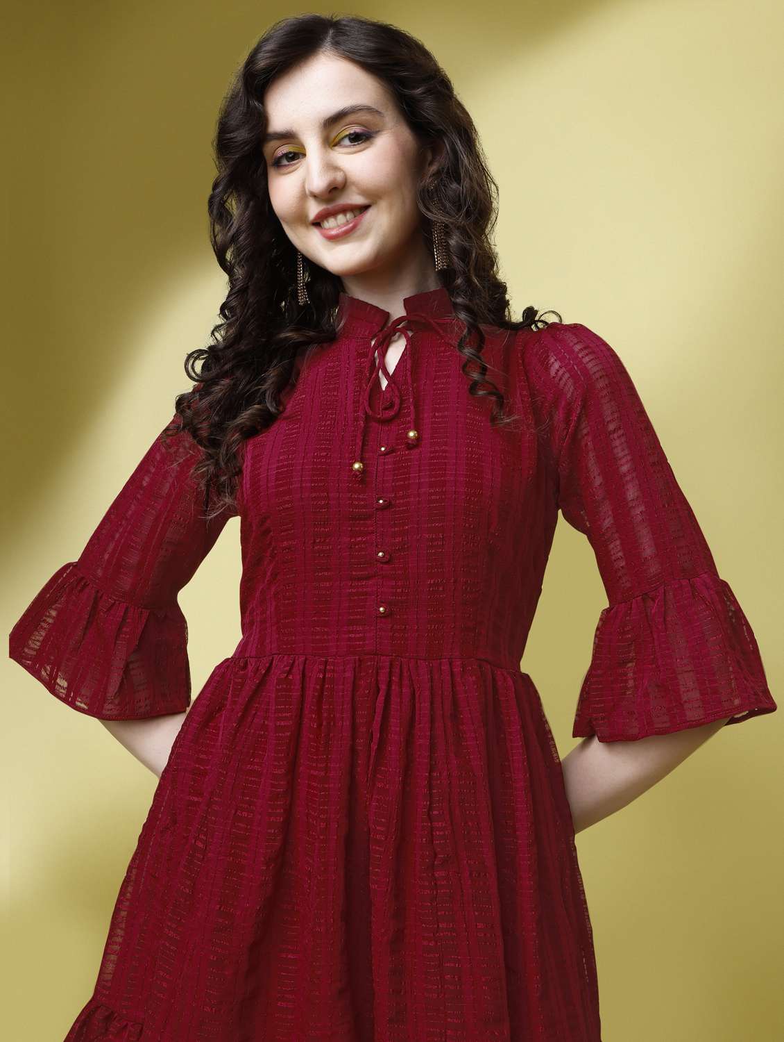 women maroon solid bell sleeve tiered dress - 21972249 -  Standard Image - 4