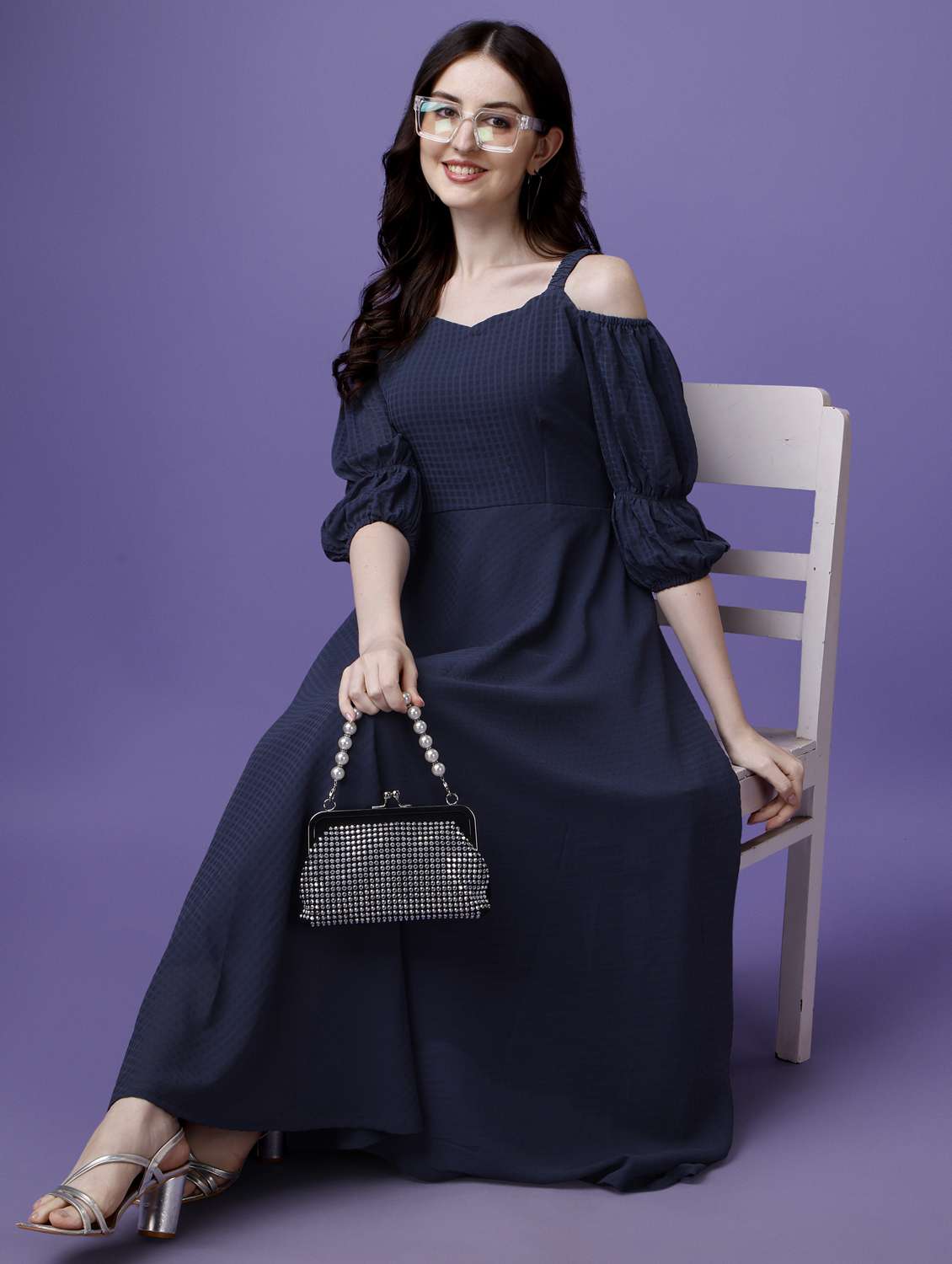 women blue solid cold shoulder fit & flare dress