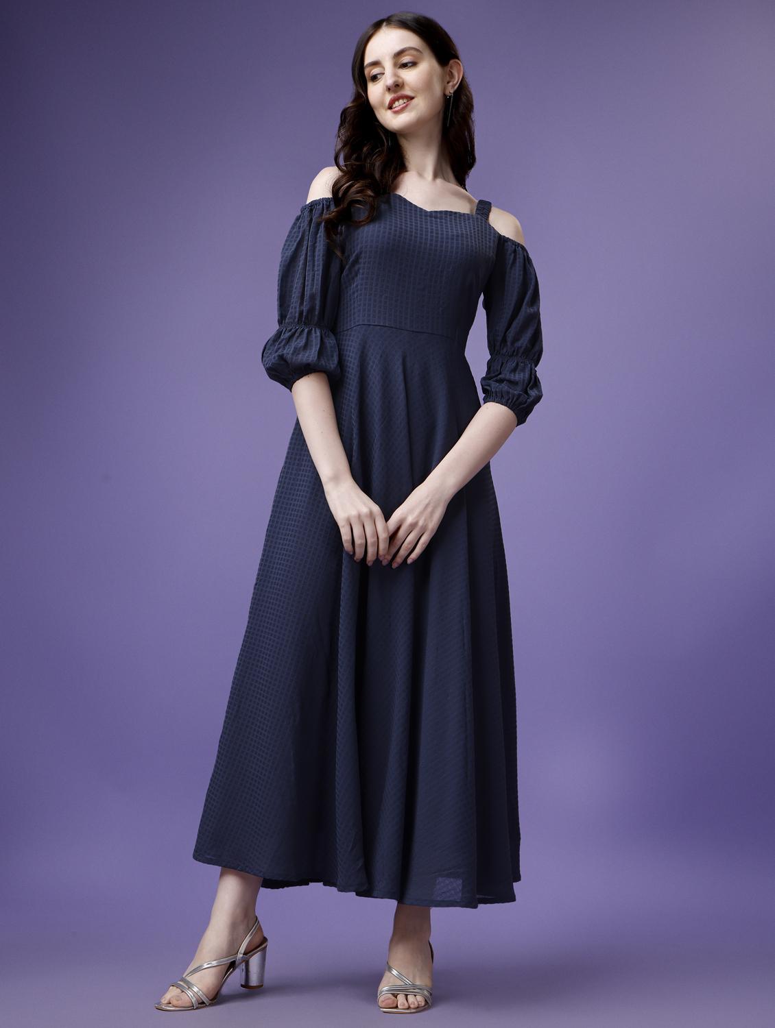 women blue solid cold shoulder fit & flare dress - 21972251 - Standard Image - 1