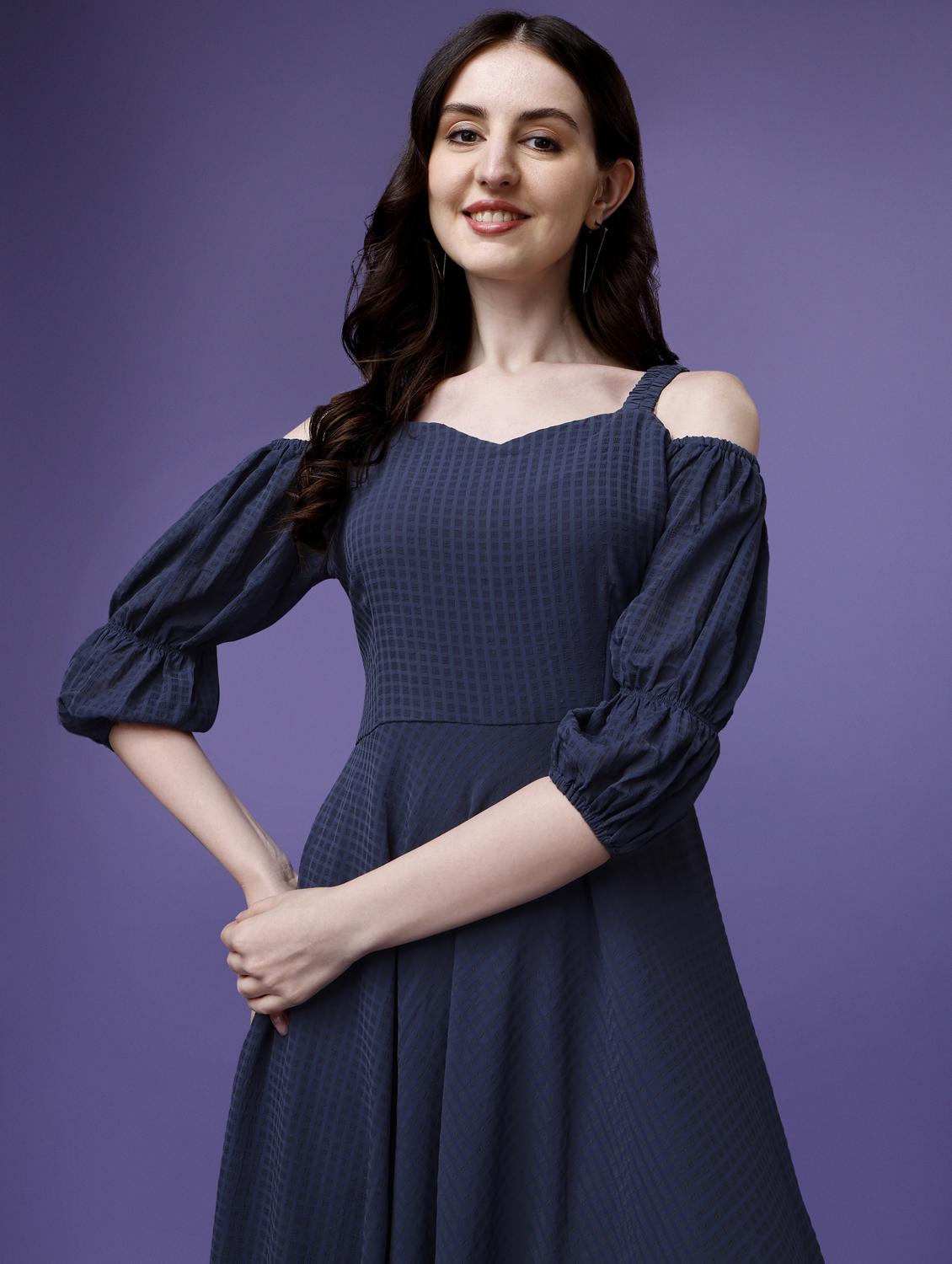 women blue solid cold shoulder fit & flare dress - 21972251 - Standard Image - 4
