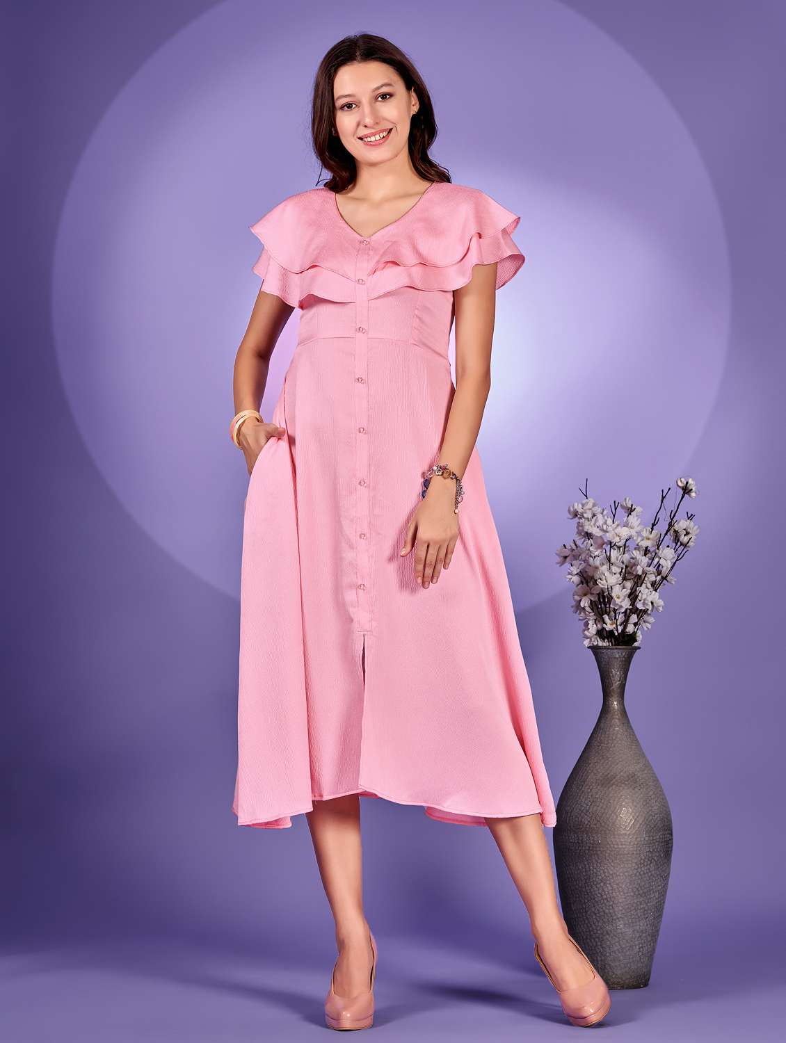 women pink solid ruffle sleeve a-line dress - 21972252 -  Standard Image - 1