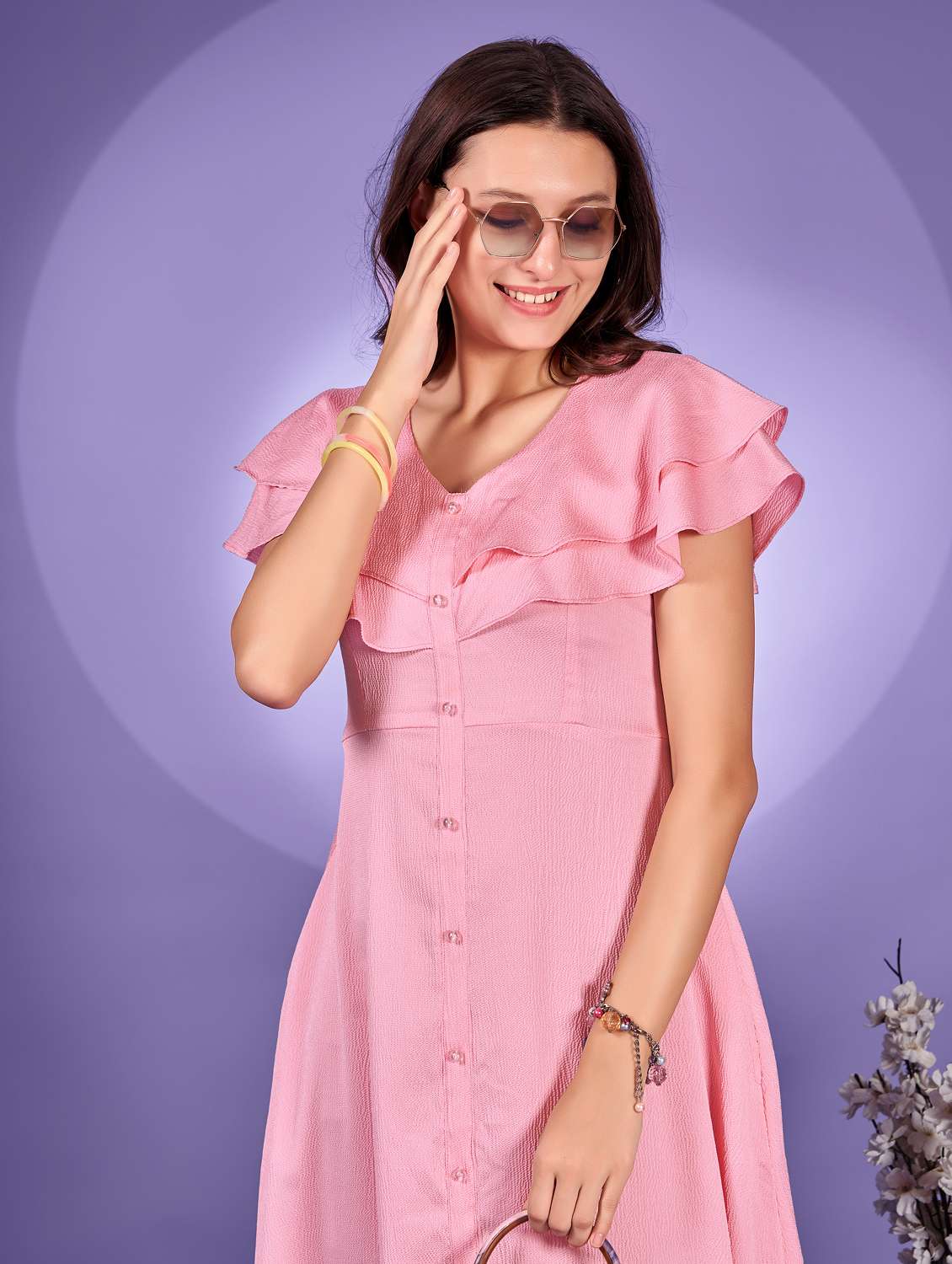 women pink solid ruffle sleeve a-line dress - 21972252 -  Standard Image - 4