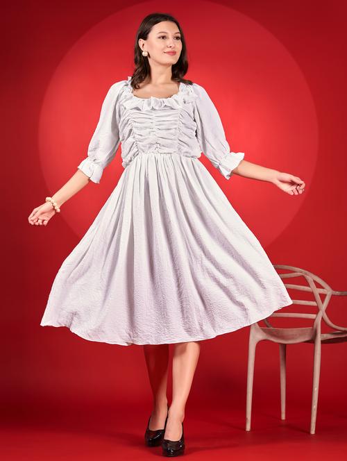 women self designed puff sleeve fit & flare dress - 21972253 - Standard Image - 0