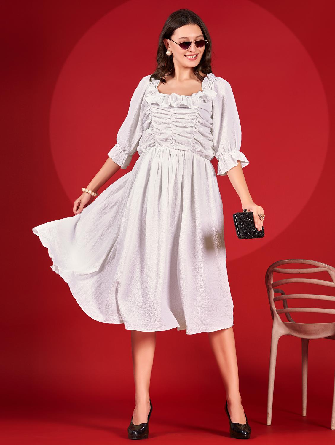 women self designed puff sleeve fit & flare dress - 21972253 - Standard Image - 1