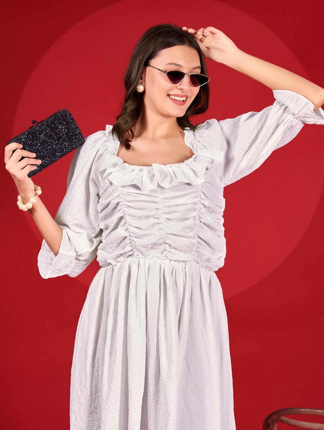 women self designed puff sleeve fit & flare dress - 21972253 - Standard Image - 4