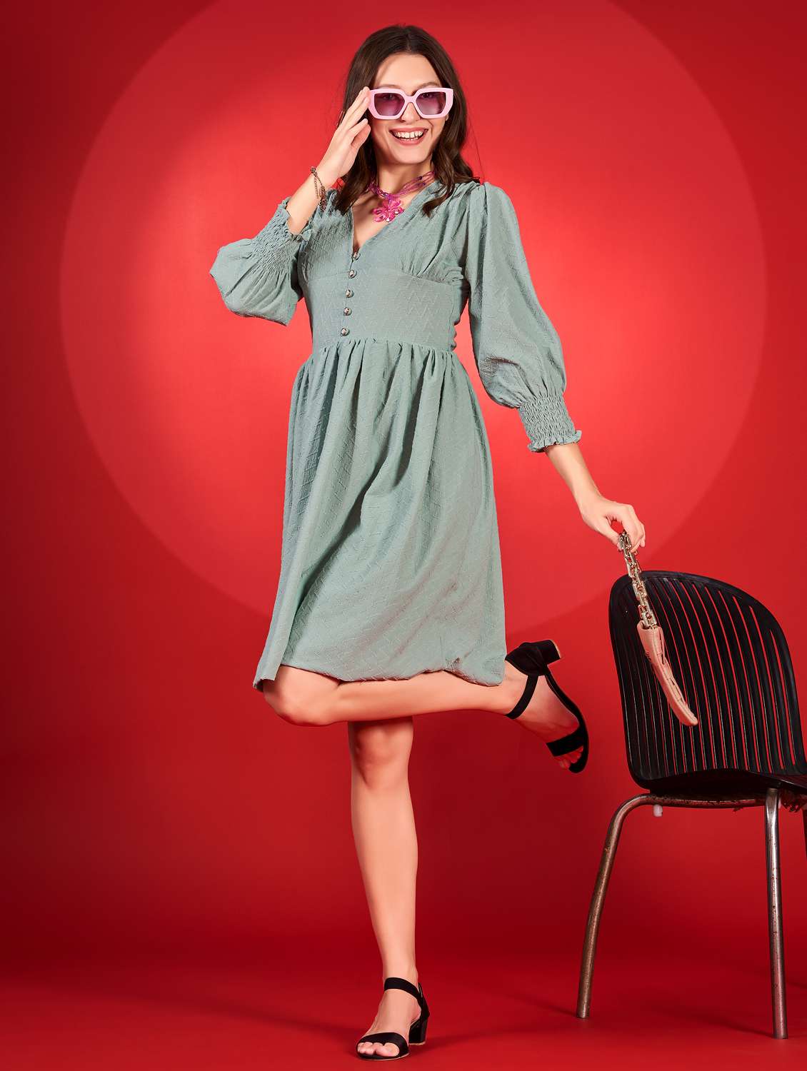 women self designed puff sleeve fit & flare dress - 21972254 -  Standard Image - 1