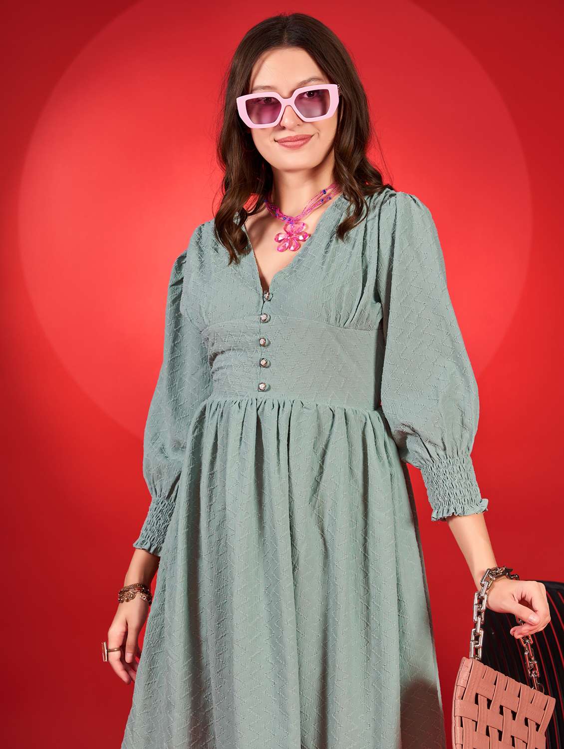 women self designed puff sleeve fit & flare dress - 21972254 -  Standard Image - 4