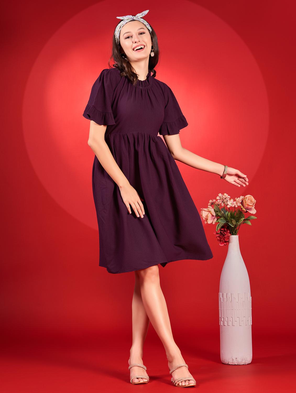 women purple solid puff sleeve fit & flare dress - 21972257 - Standard Image - 1