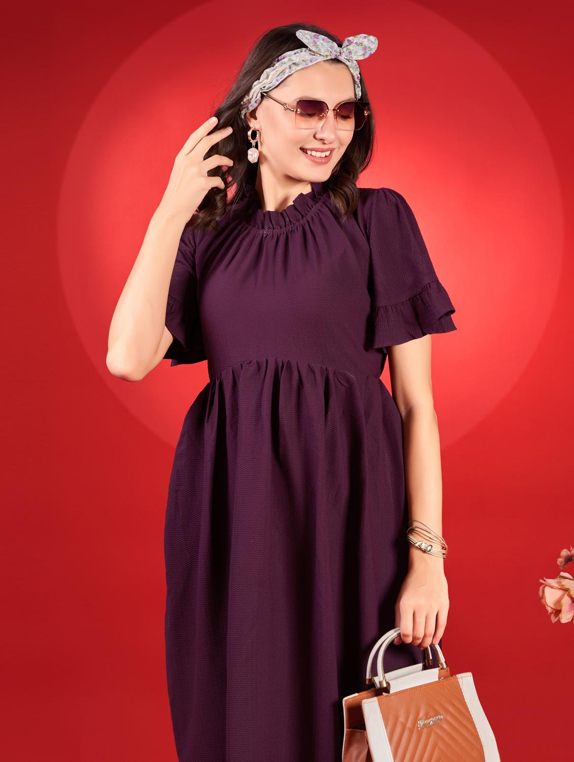 women purple solid puff sleeve fit & flare dress - 21972257 - Standard Image - 4