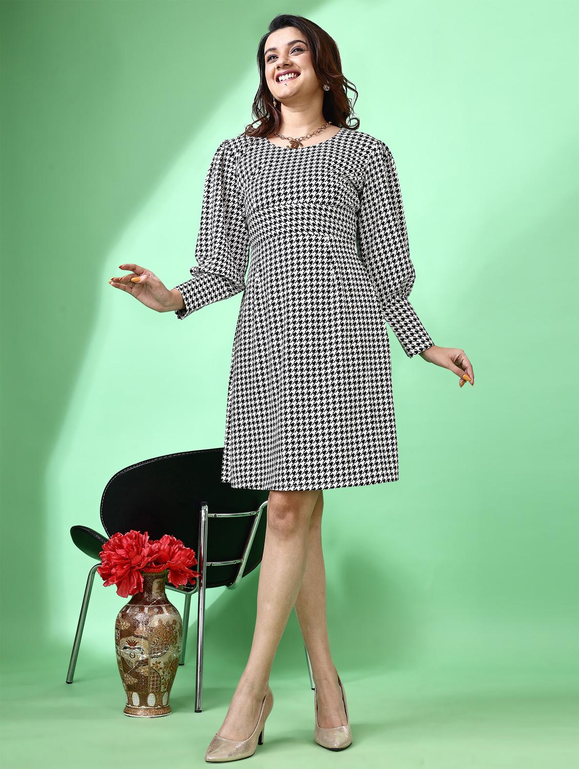women houndstooth print puff sleeve fit & flare dress - 21972260 - Standard Image - 1