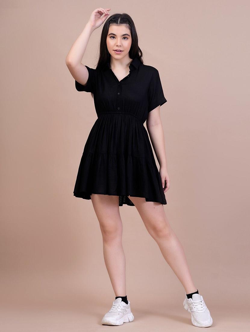 women black solid short sleeve tiered dress - 21972261 - Standard Image - 1