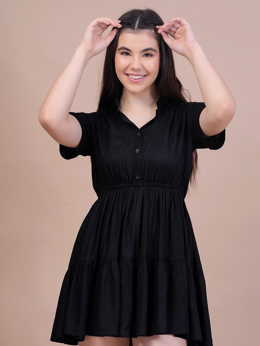 women black solid short sleeve tiered dress - 21972261 - Standard Image - 4