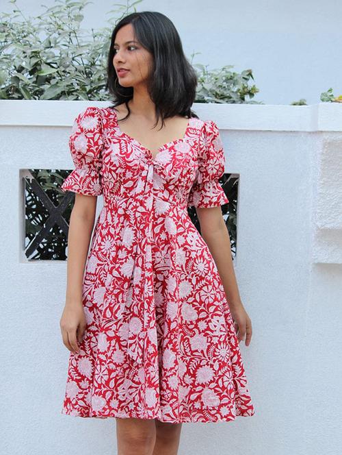 women printed puff sleeve fit & flare dress - 21972262 -  Standard Image - 0