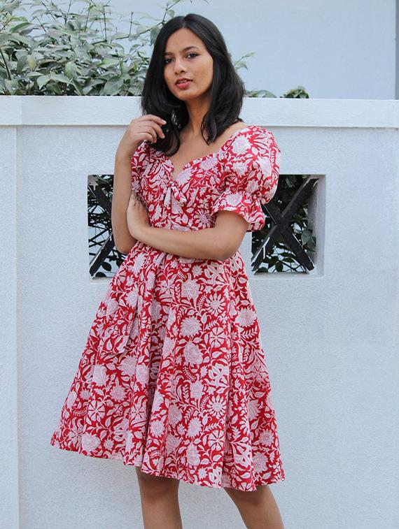 women printed puff sleeve fit & flare dress - 21972262 -  Standard Image - 1