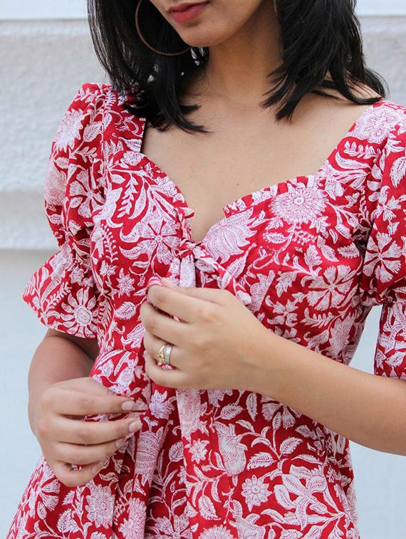 women printed puff sleeve fit & flare dress - 21972262 - Standard Image - 4