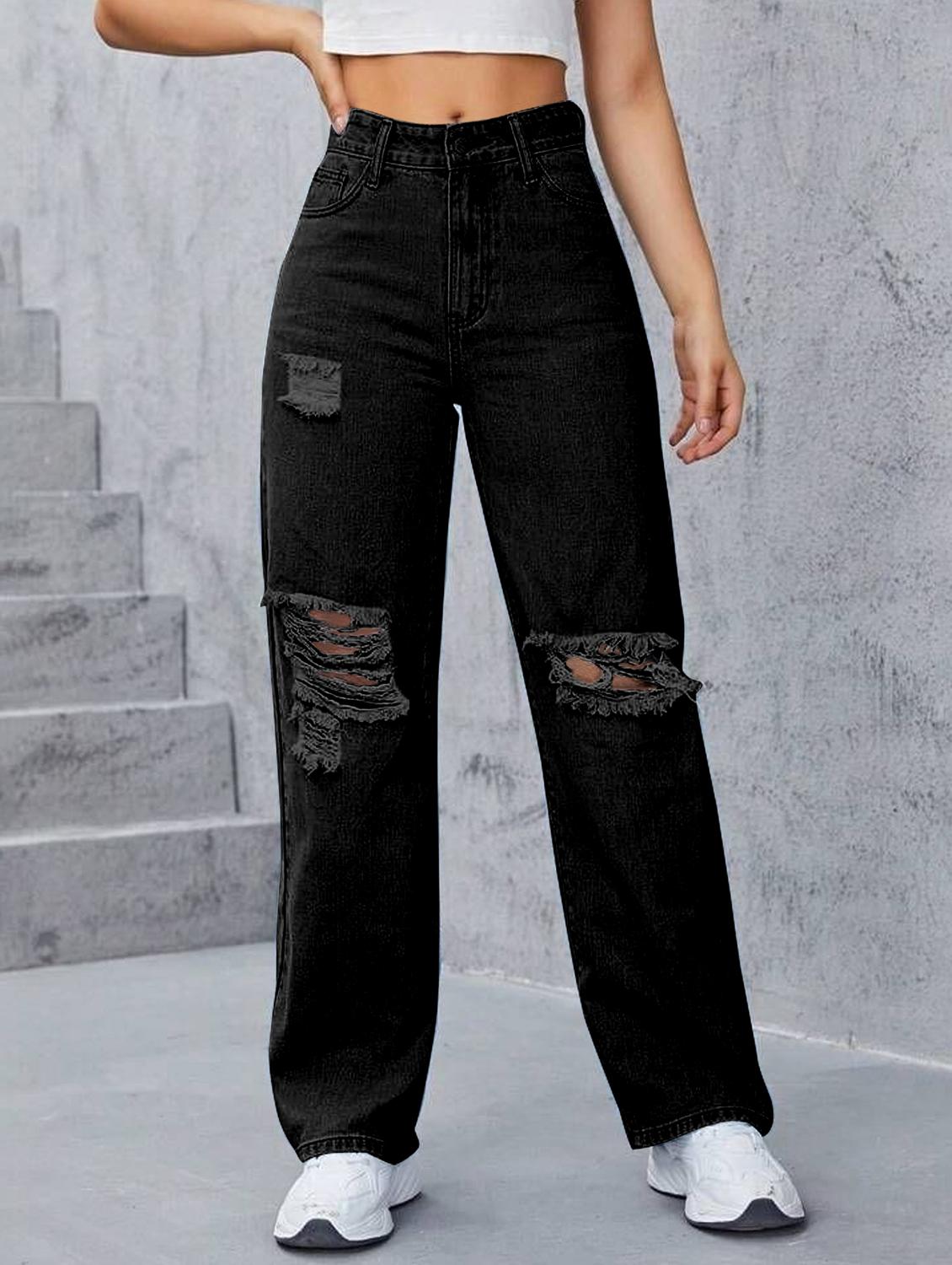 women solid high rise distressed straight fit jeans - 21972267 - Zoom Image - 0
