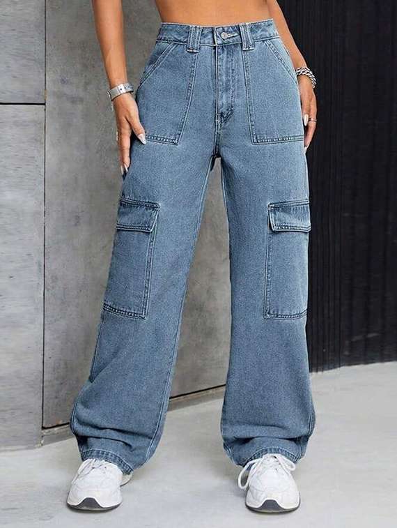 women solid high rise baggy cargo