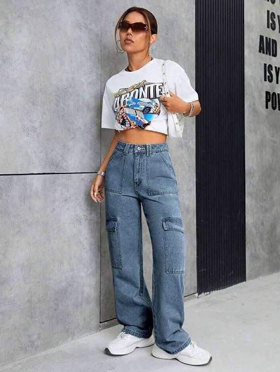 women solid high rise baggy cargo - 21972273 -  Standard Image - 4