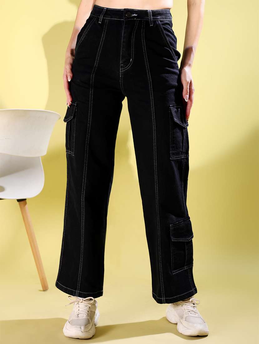 women solid high rise denim cargo - 21972274 -  Standard Image - 1