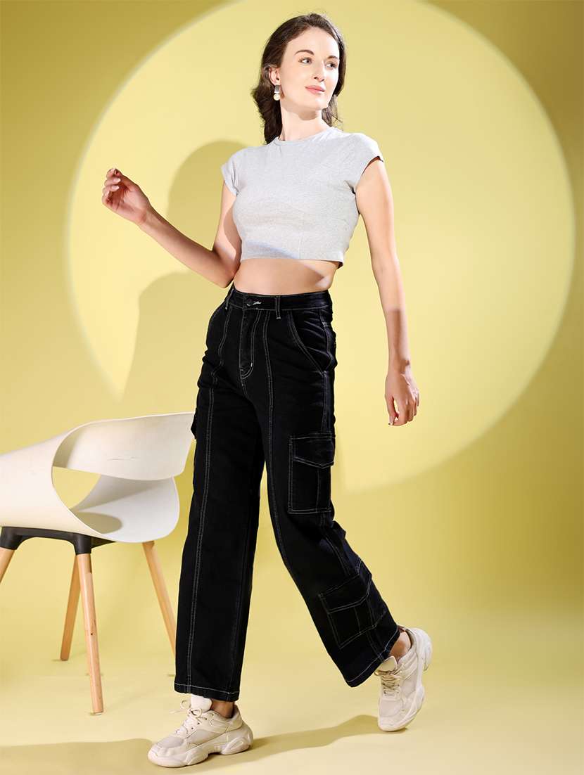 women solid high rise denim cargo - 21972274 -  Standard Image - 4