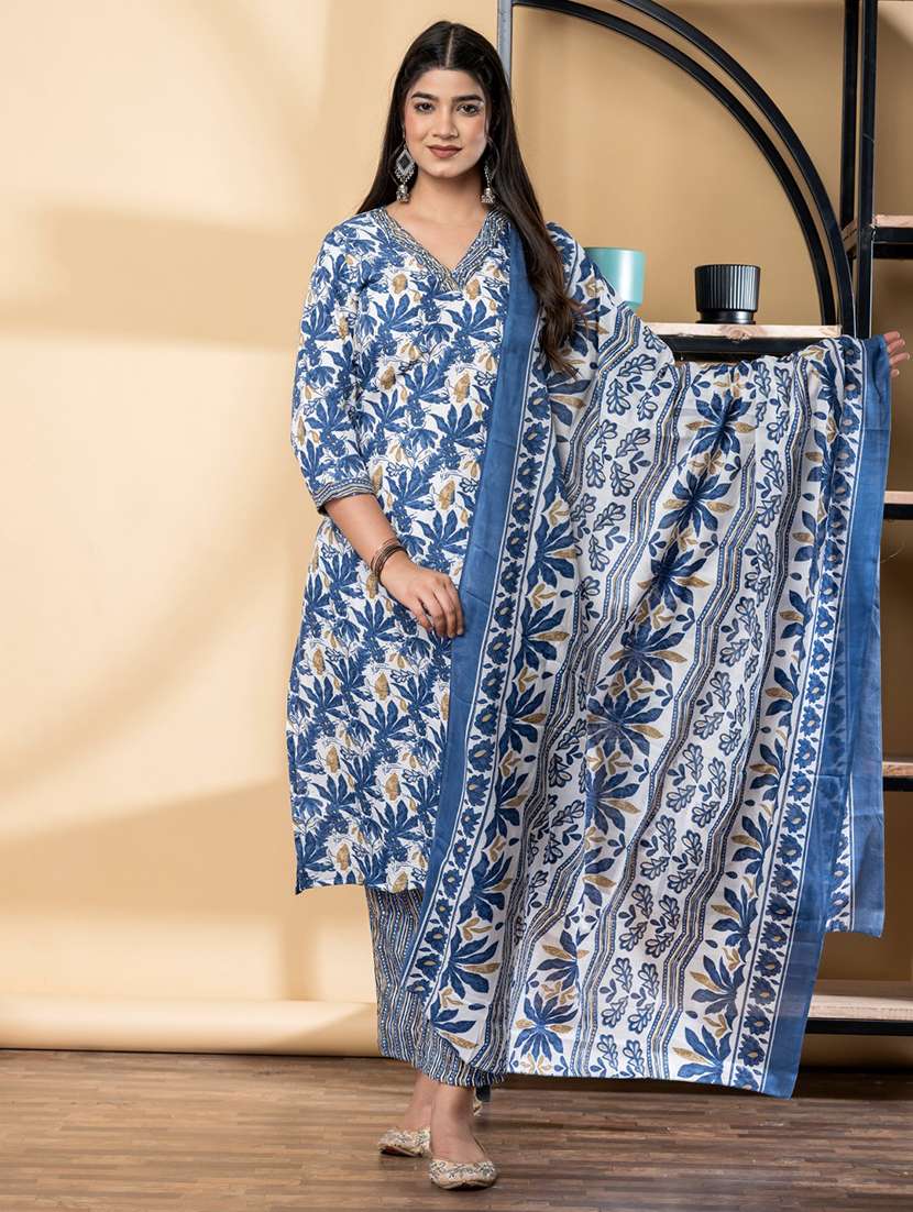 women three quarter sleeve kurta pant with dupatta set