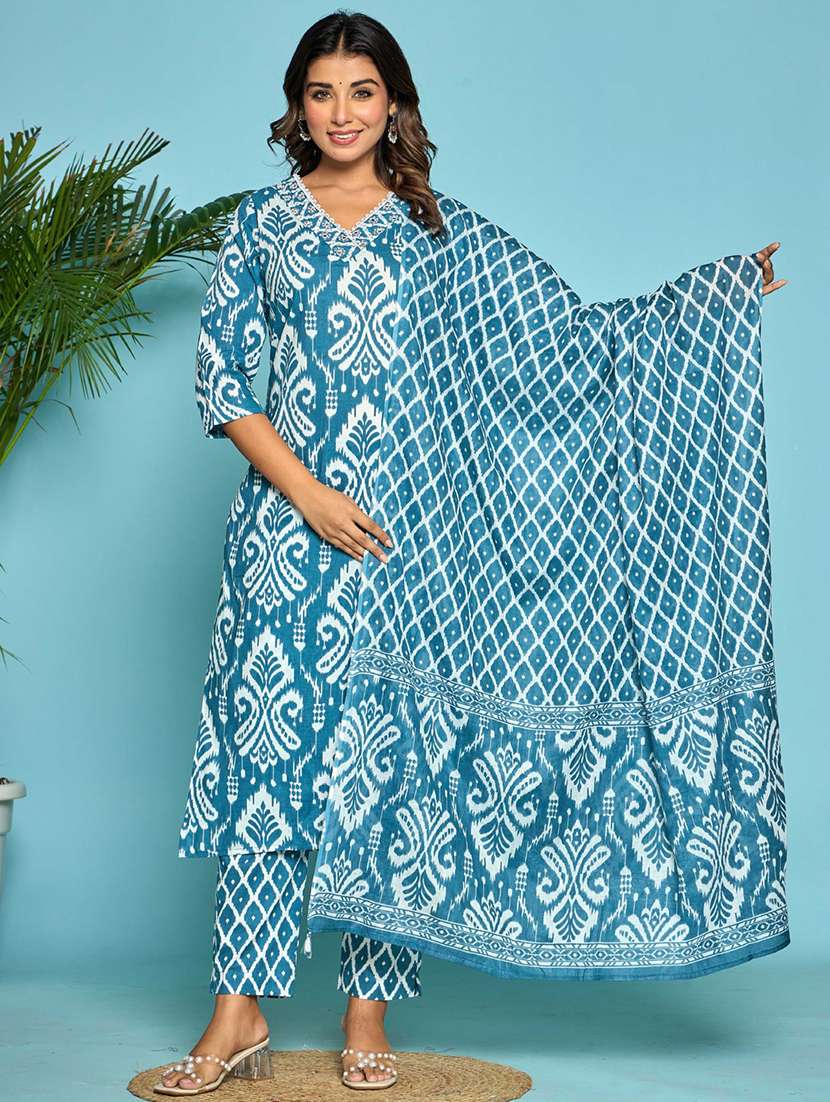 women three quarter sleeve kurta pant with dupatta set - 21972296 -  Standard Image - 1