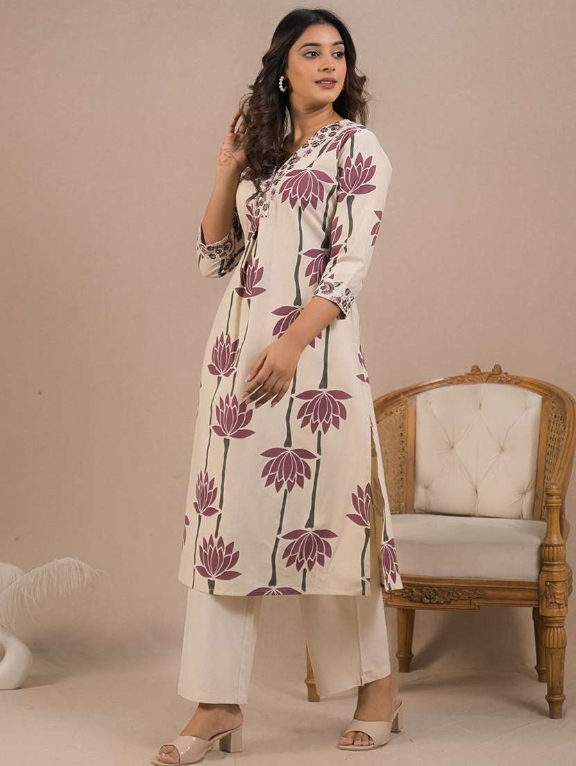 women floral printed three quarter sleeve kurta pant set - 21972303 -  Standard Image - 1