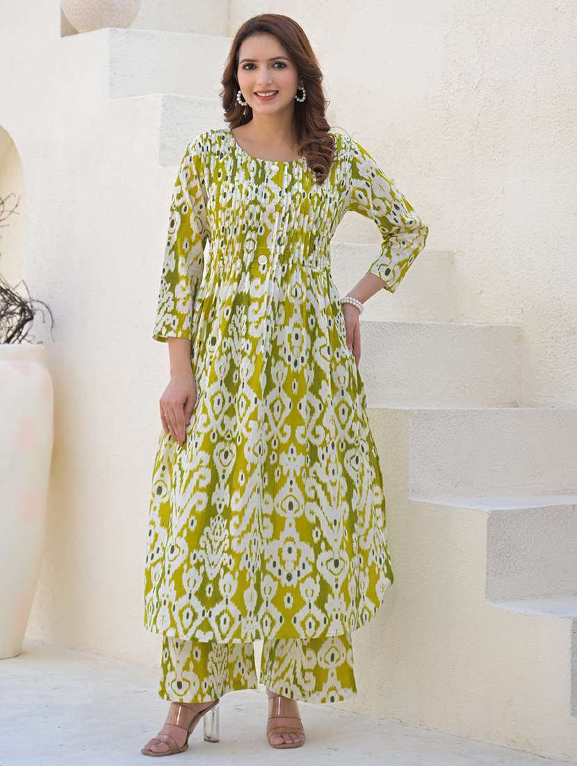 women ikat printed three quarter sleeve kurta pant set - 21972305 -  Standard Image - 1
