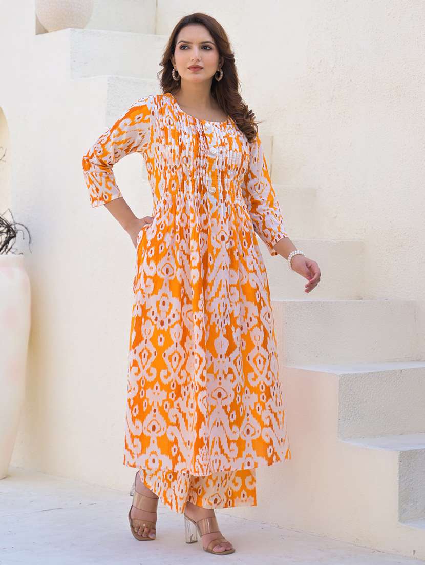 women ikat printed three quarter sleeve kurta pant set - 21972318 - Standard Image - 1