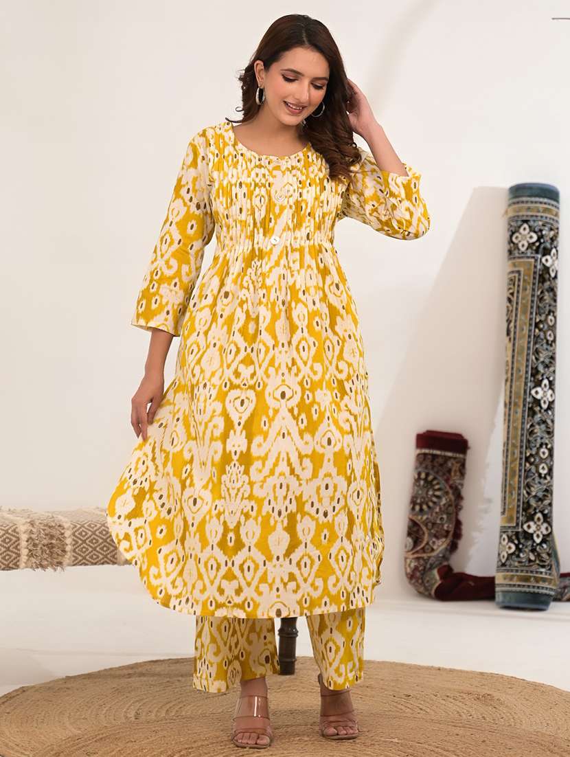 women ikat printed three quarter sleeve kurta pant set - 21972319 - Standard Image - 1
