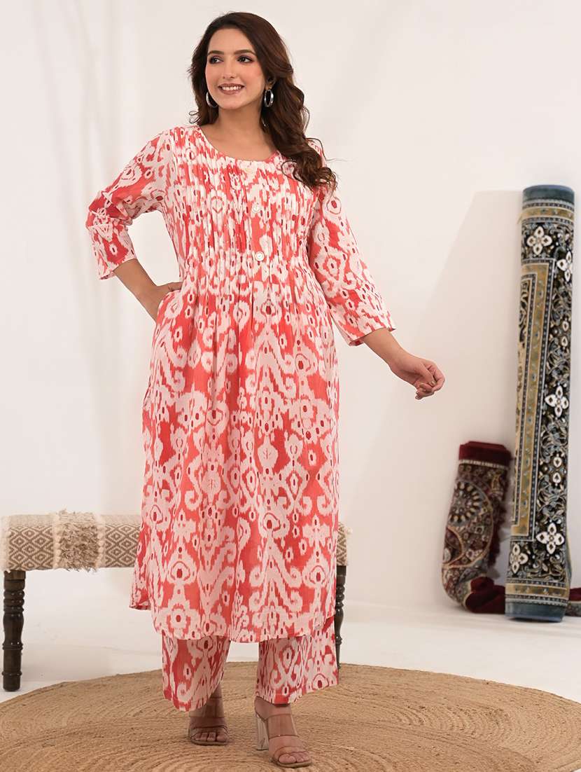 women ikat printed three quarter sleeve kurta pant set - 21972320 - Standard Image - 1