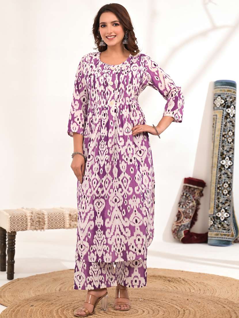 women ikat printed three quarter sleeve kurta pant set - 21972321 - Standard Image - 1