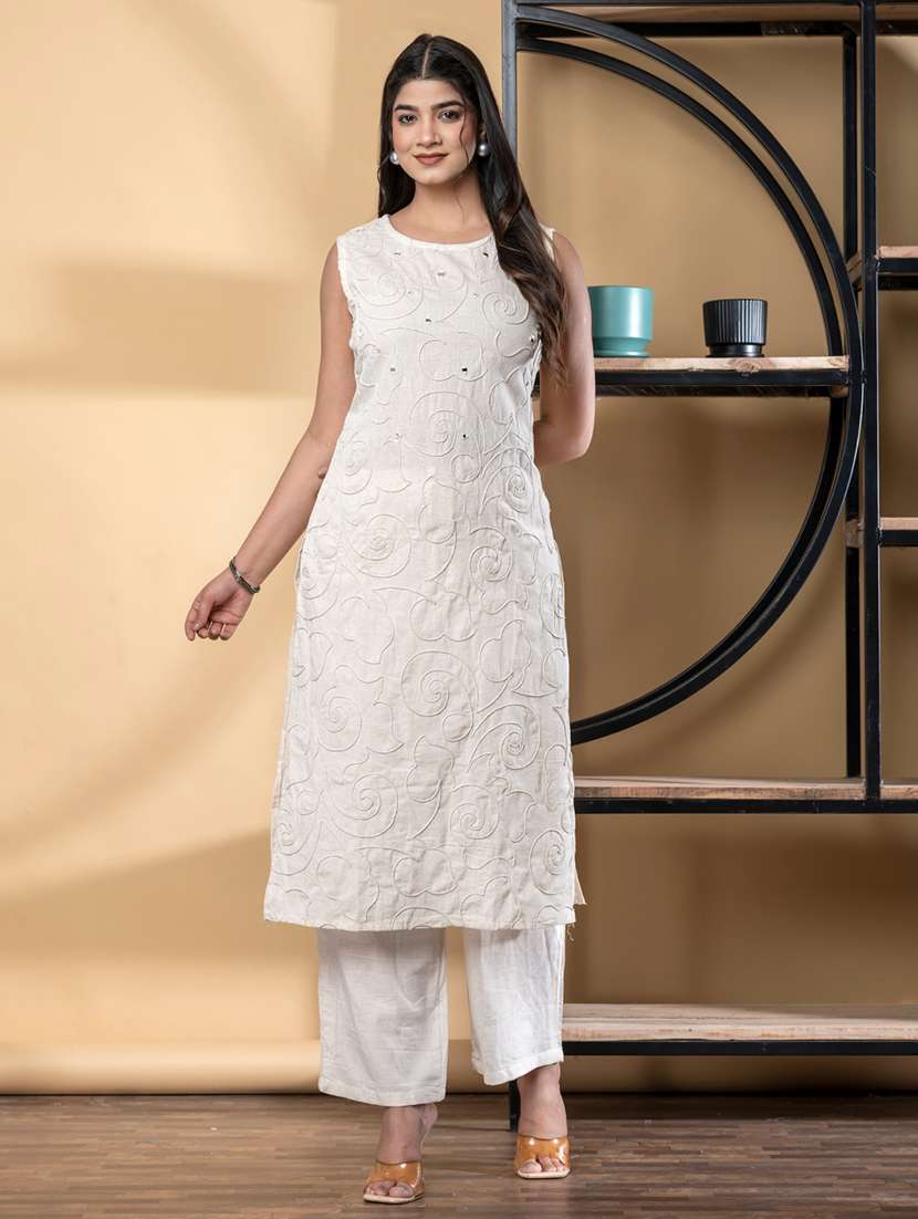 women solid with work sleeveless kurta pant set - 21972329 -  Standard Image - 1