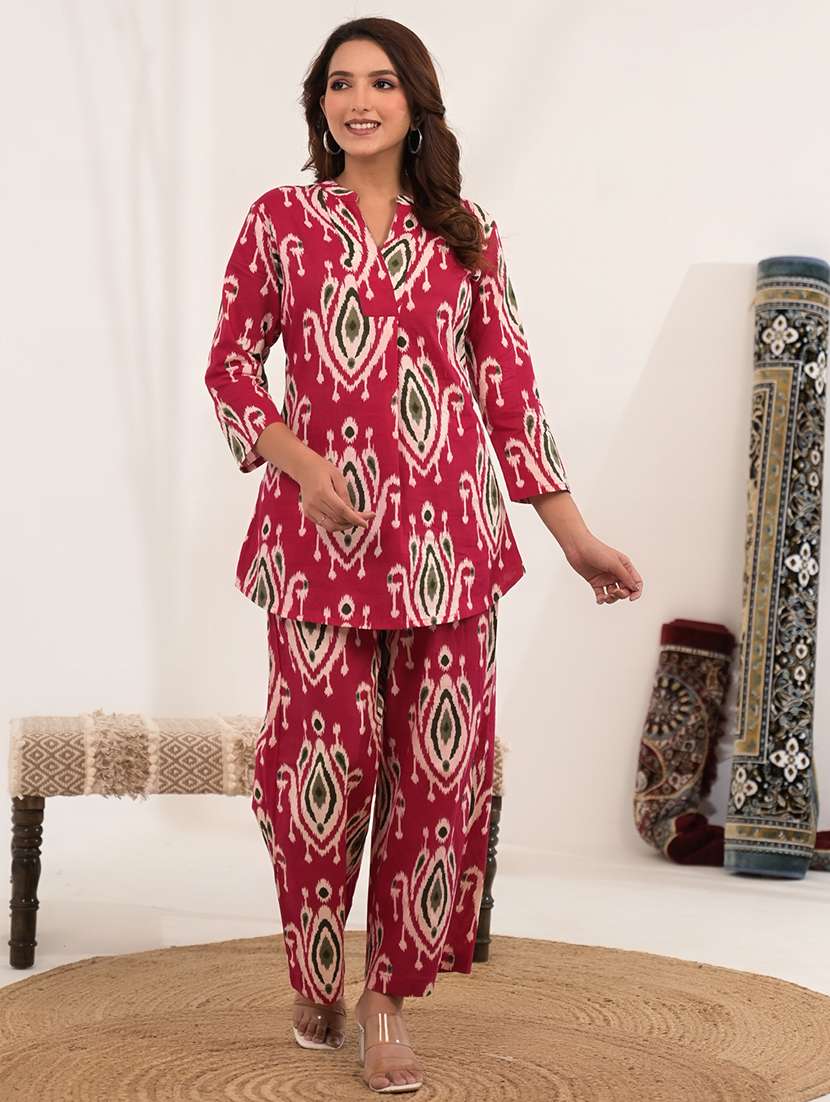 women ikat printed three quarter sleeve ethnic co-ord set - 21972338 -  Standard Image - 1