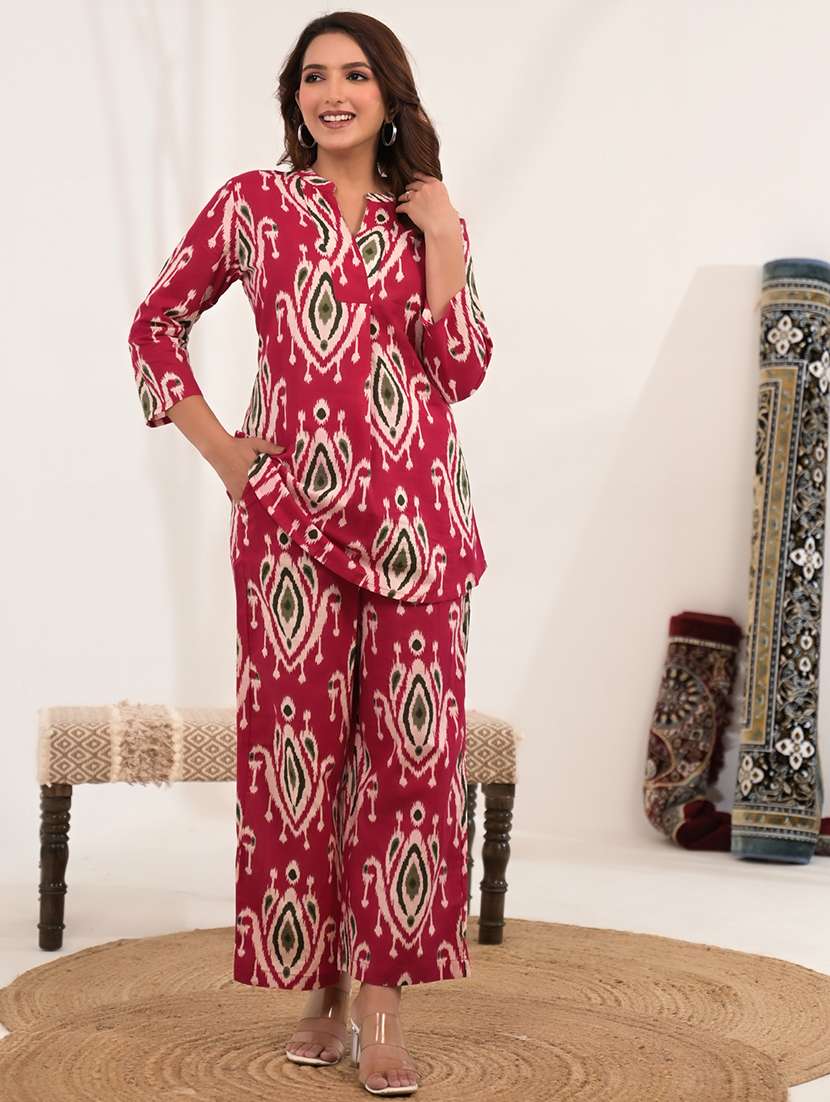 women ikat printed three quarter sleeve ethnic co-ord set - 21972338 -  Standard Image - 4