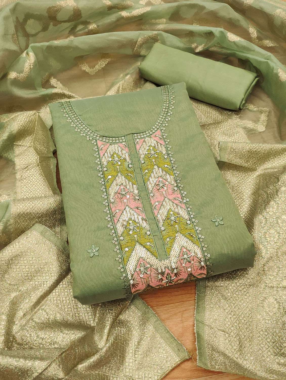 women solid with work embroidered unstitched suit set