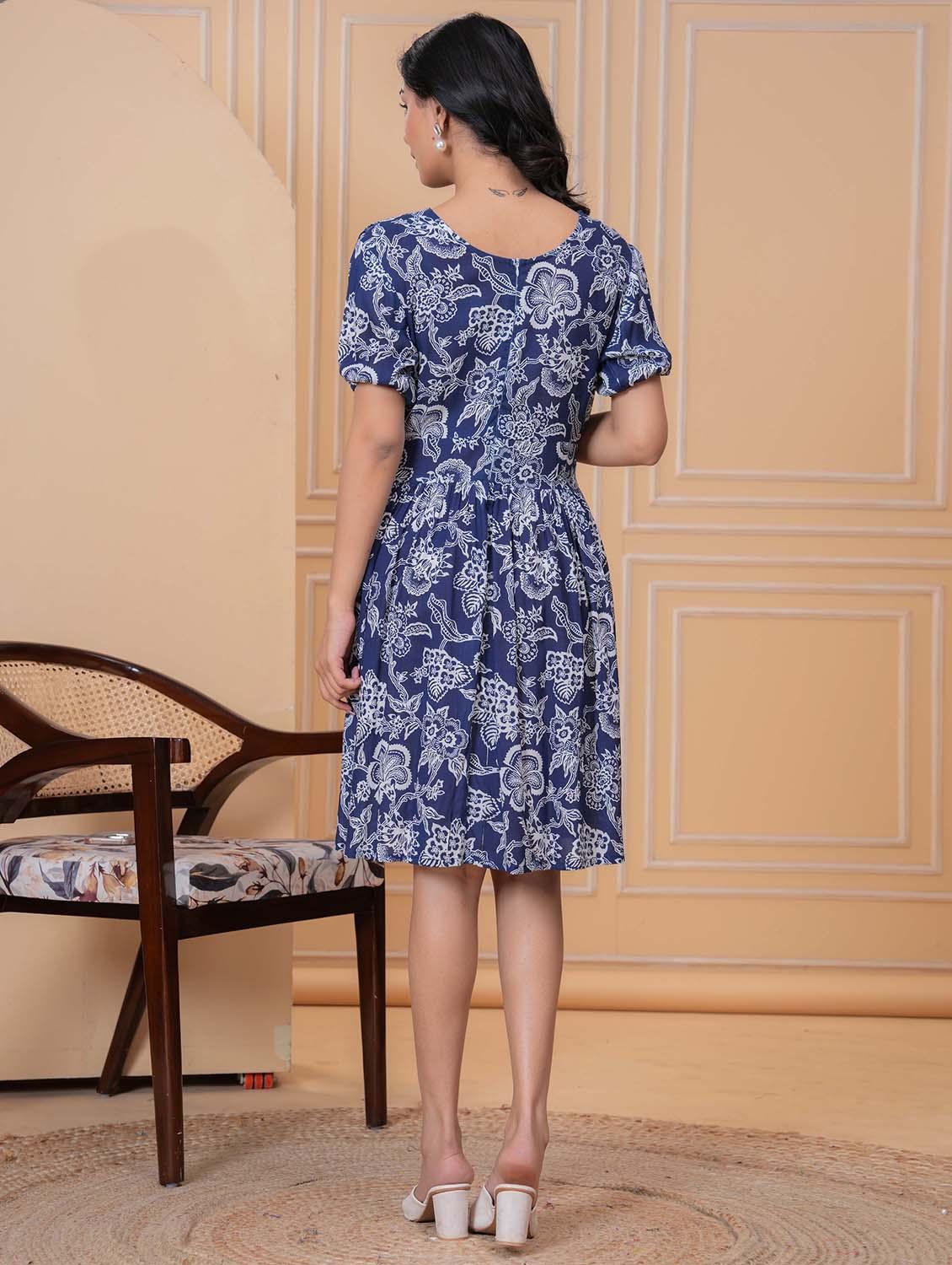 women printed puff sleeve fit & flare dress - 21972492 - Standard Image - 4