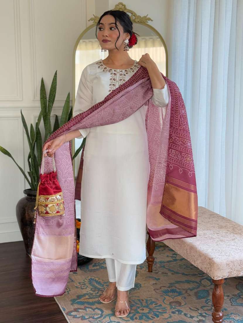 women three quarter sleeve kurta pant with dupatta set - 21972534 -  Standard Image - 1