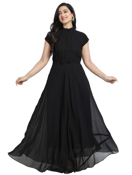 women solid mandarin neck fit & flare dress