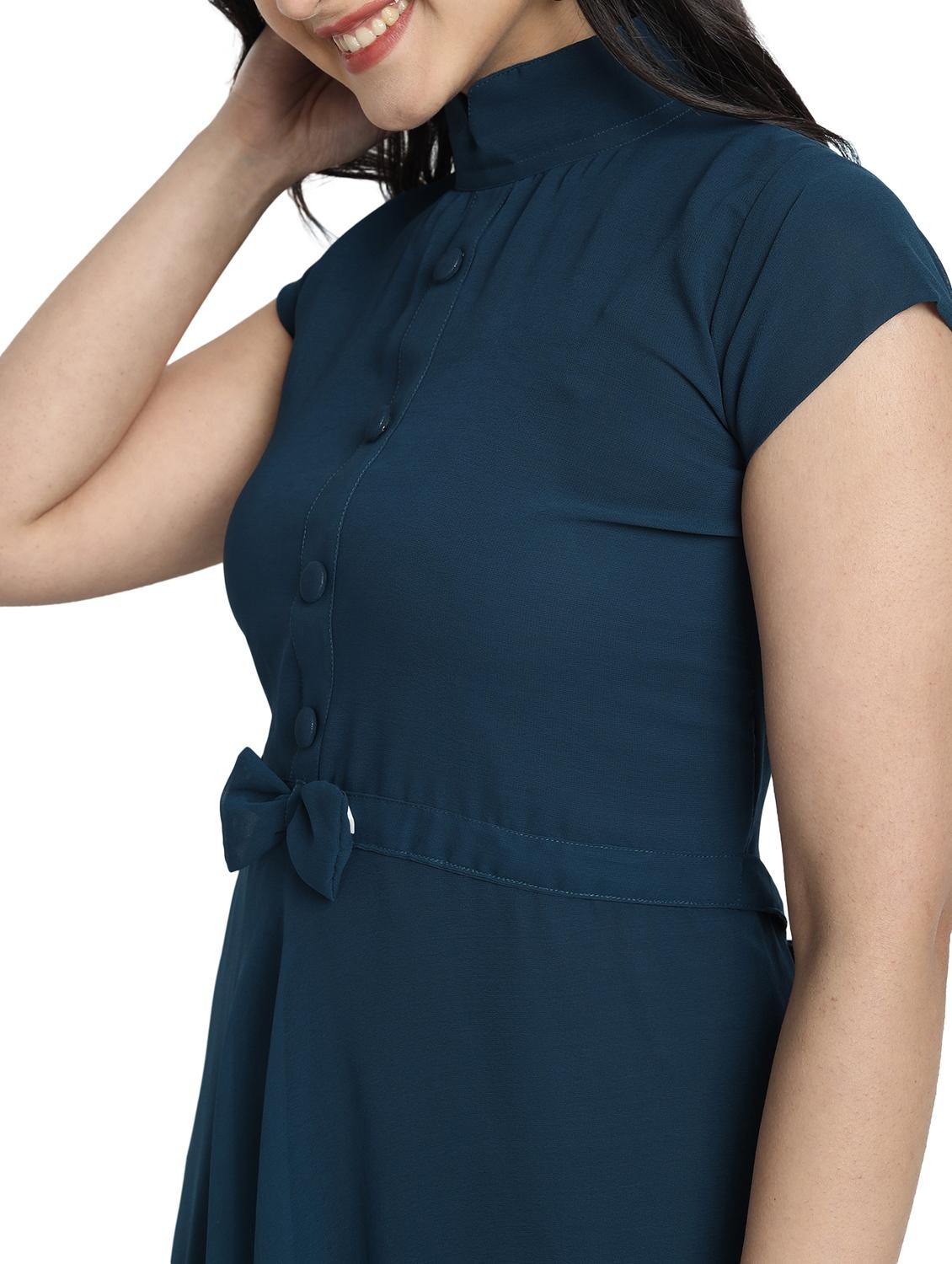 women solid mandarin neck fit & flare dress - 21972563 - Standard Image - 4