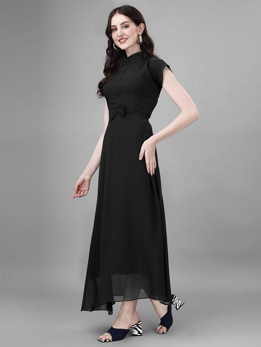 women solid mandarin neck fit & flare maxi dress - 21972568 -  Standard Image - 1