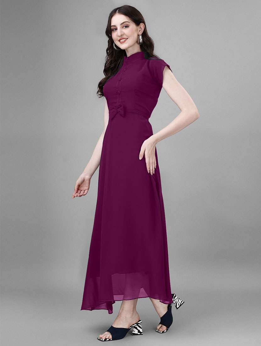 women solid mandarin neck fit & flare maxi dress - 21972570 -  Standard Image - 1