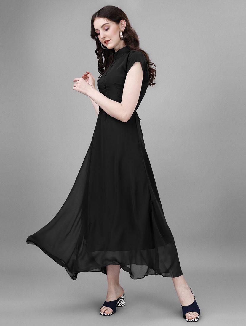 women solid mandarin neck fit & flare maxi dress - 21972571 - Standard Image - 1