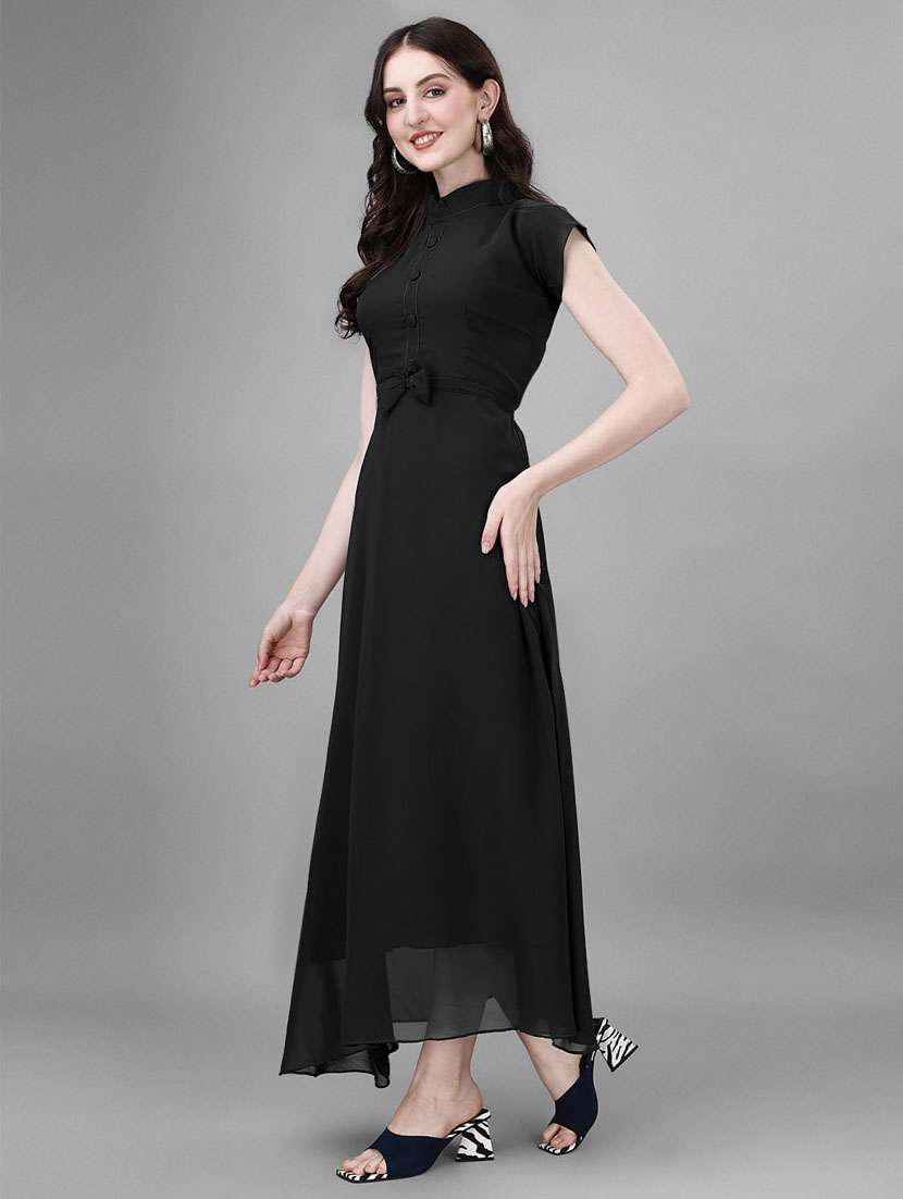 women solid mandarin neck fit & flare maxi dress - 21972574 -  Zoom Image - 0