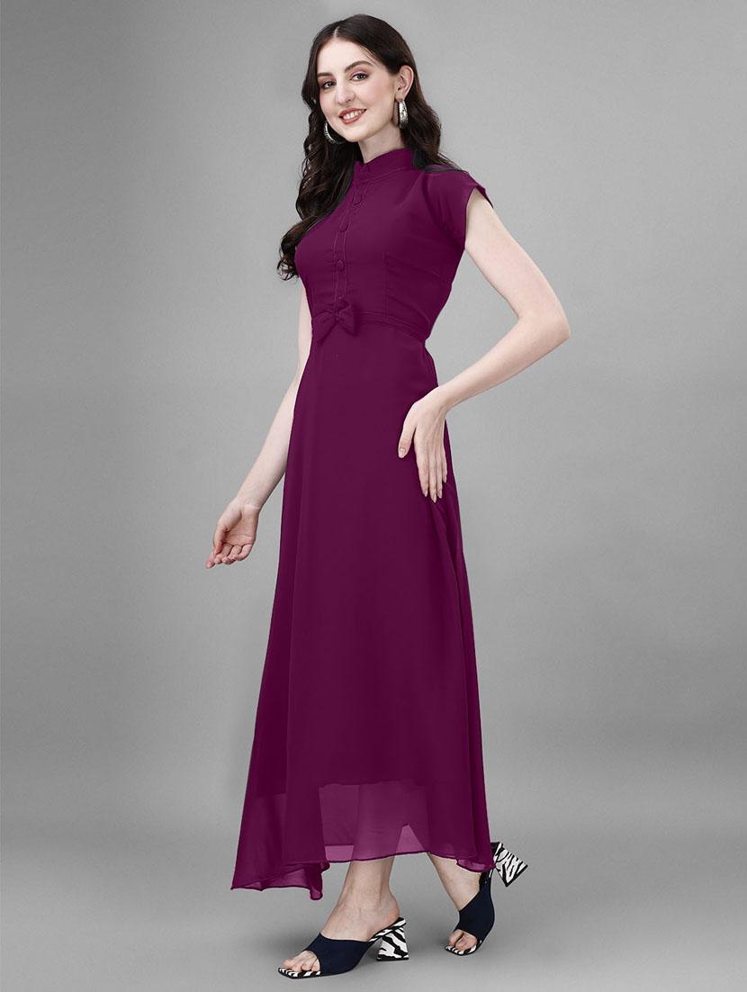 women solid mandarin neck fit & flare maxi dress - 21972576 -  Zoom Image - 0